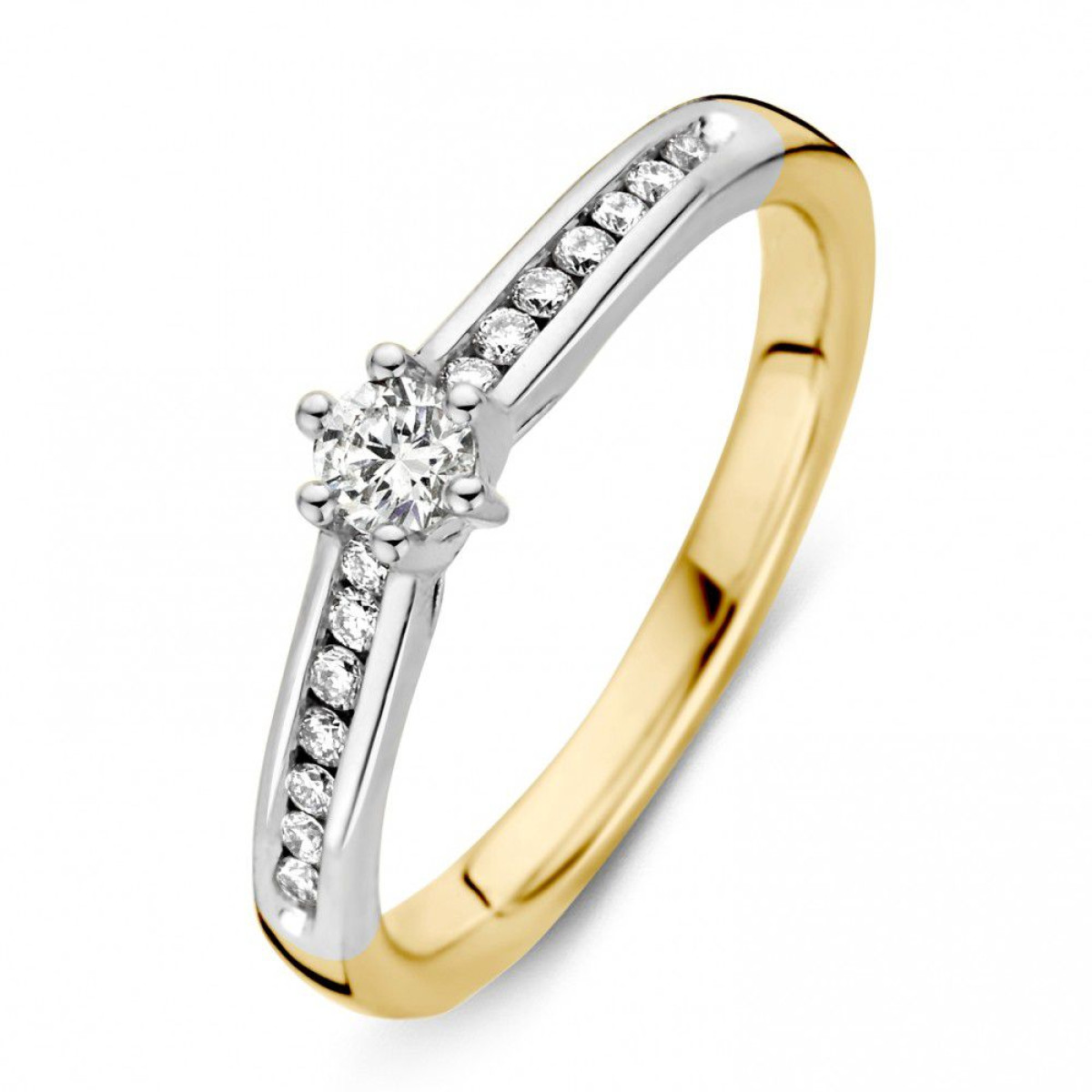 Bicolor damesring met klemzetting diamantrijen 0.30 crt.