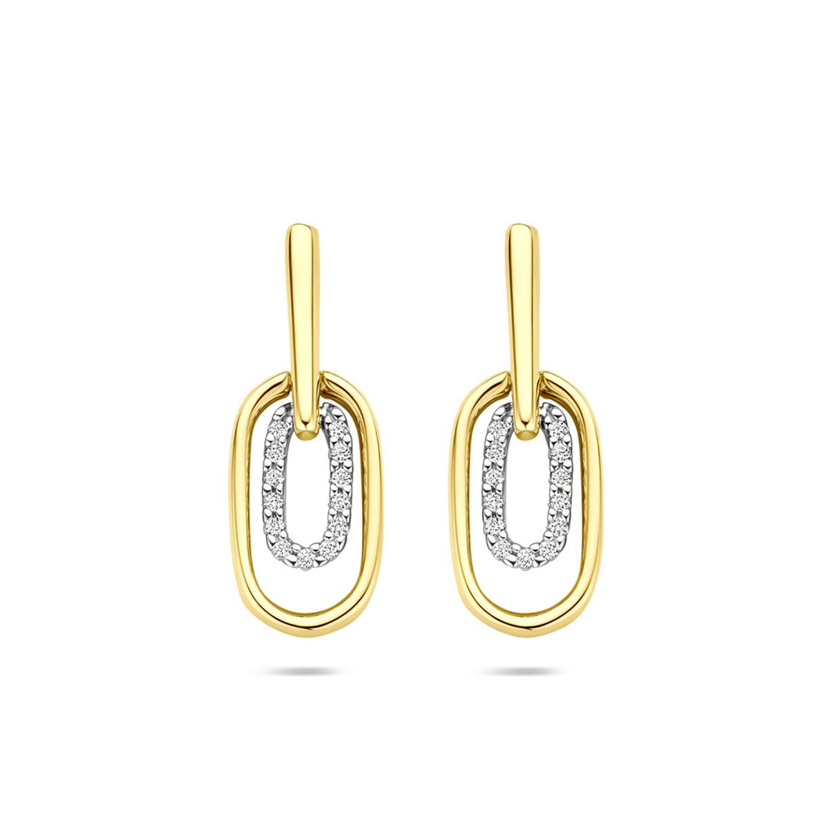 Bicolor diamanten oorhangers 0.08 crt 14-karaat goud en witgoud 7.5 mm breed - Hoogte 20 mm