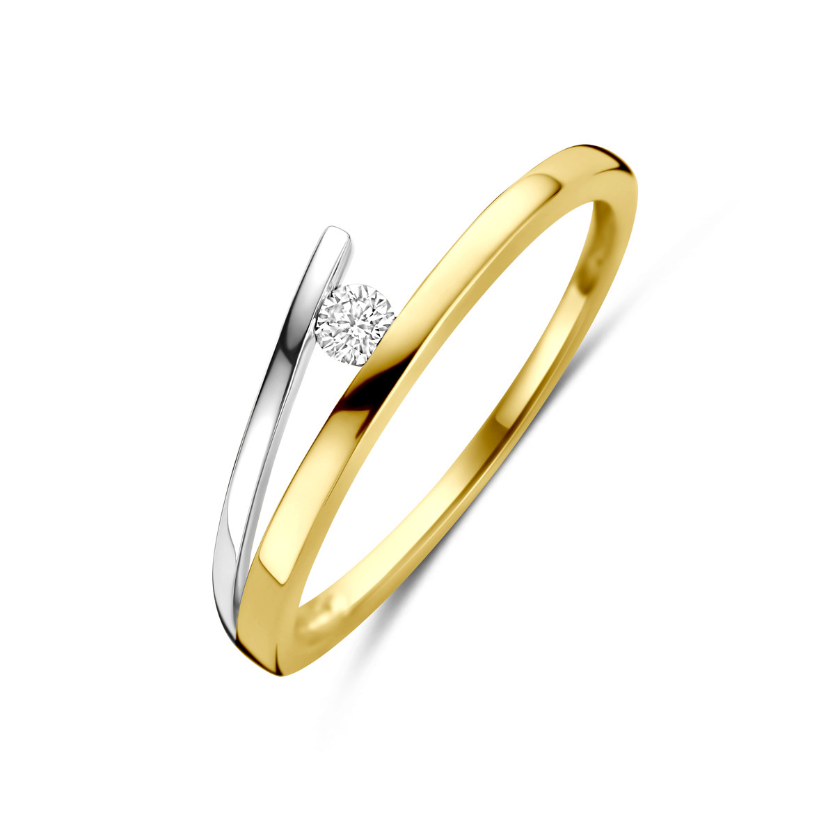 Bicolor gouden en witgouden solitair ring met diamant 0.05 crt 5 mm breed