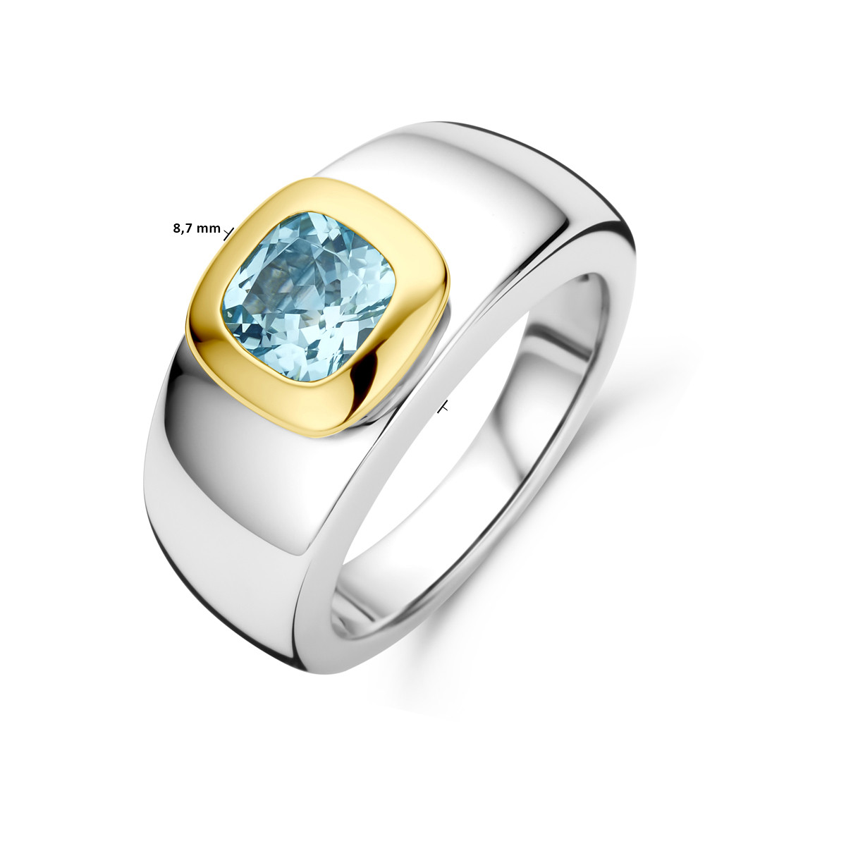 Bicolor gouden en zilveren ring met blauw topaas