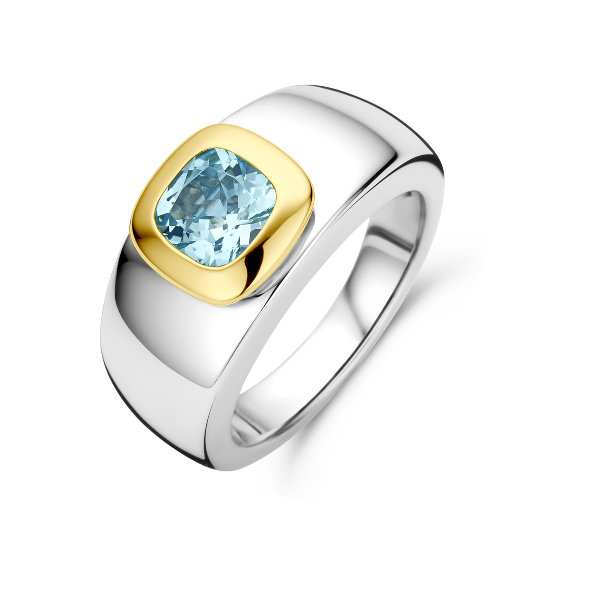 Bicolor gouden en zilveren ring met blauw topaas