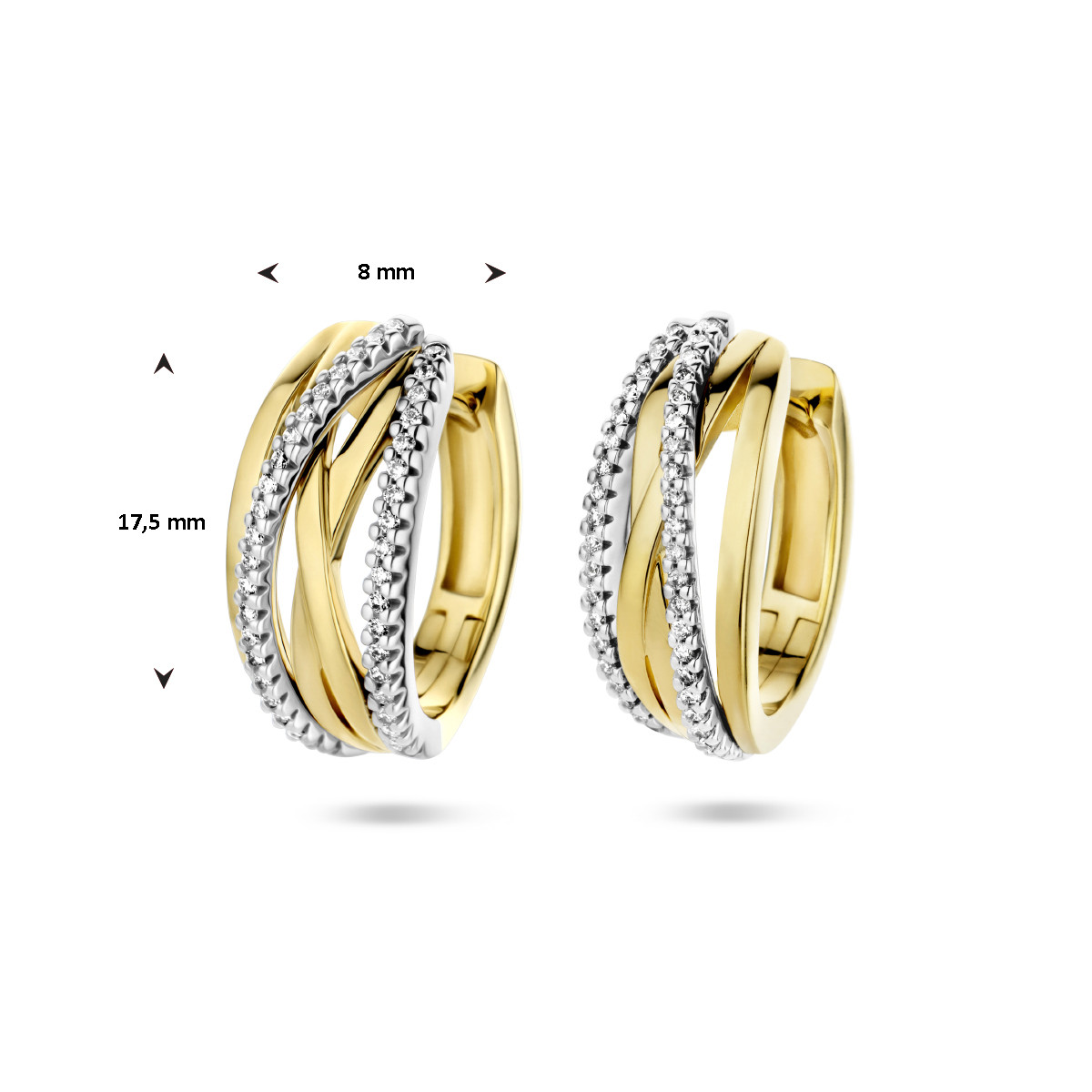 Bicolor gouden klapoorringen met diamant 8 mm breed - Diameter 17.5 mm