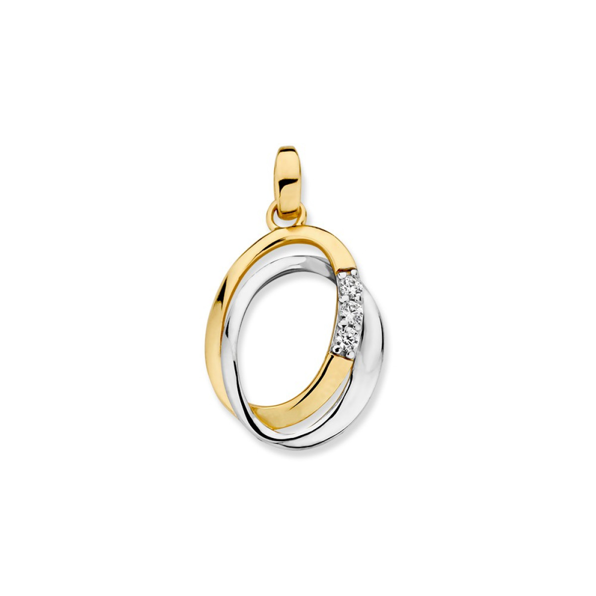 Bicolor hanger met zirkonia en twee verbonden cirkels - 13 mm x 22 mm