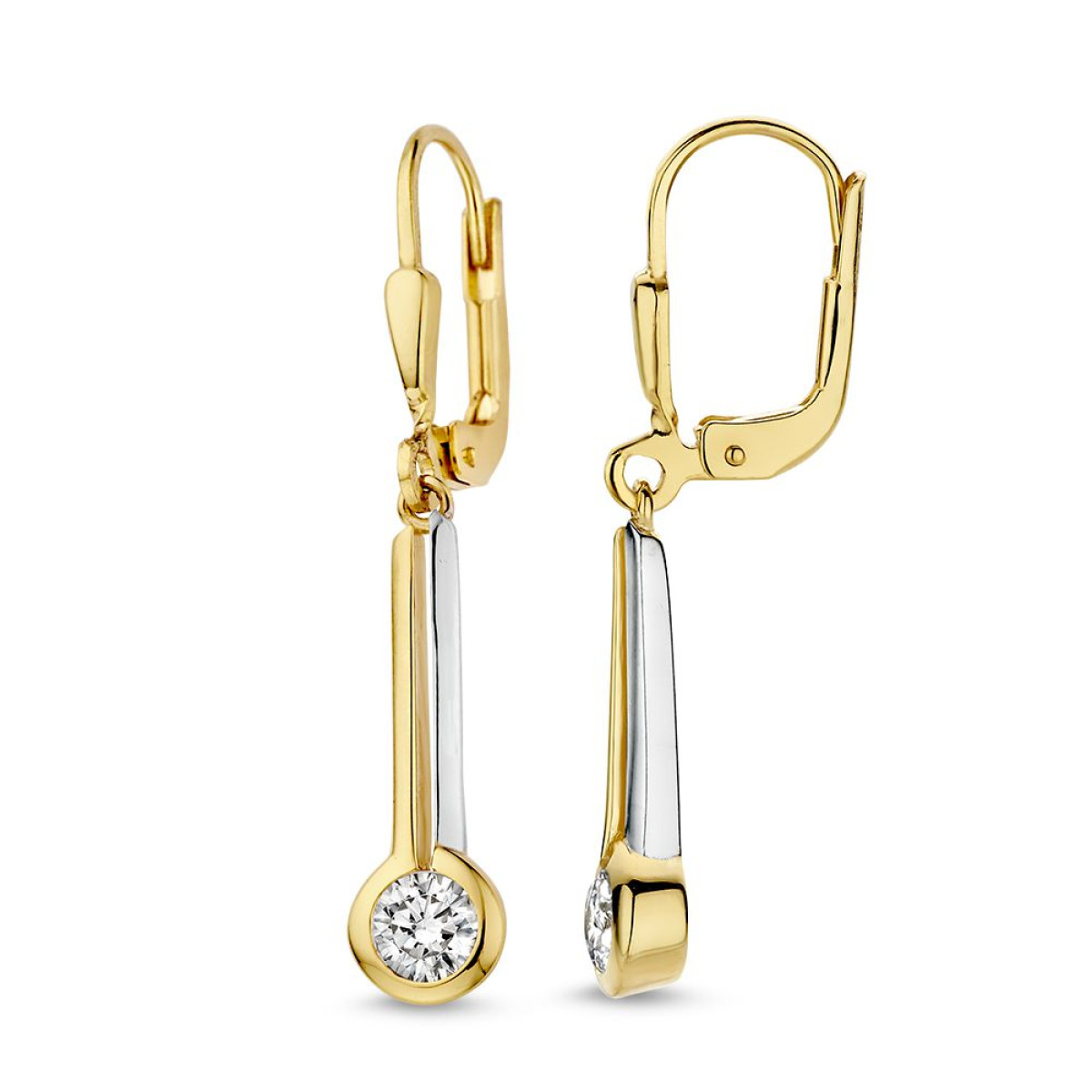 Bicolor oorhangers met haken en ronde zirkonia's - Hoogte 32 mm