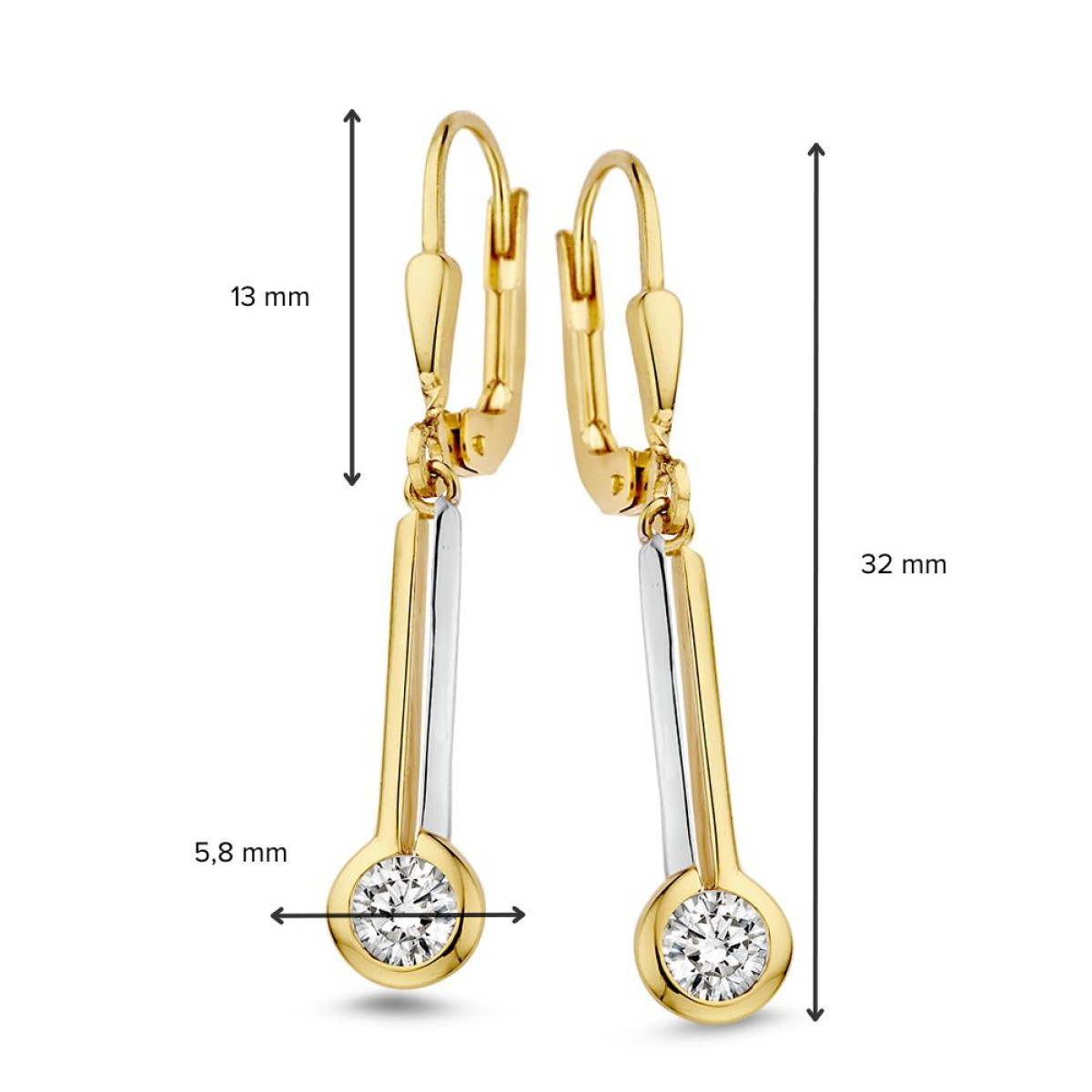 Bicolor oorhangers met haken en ronde zirkonia's - Hoogte 32 mm