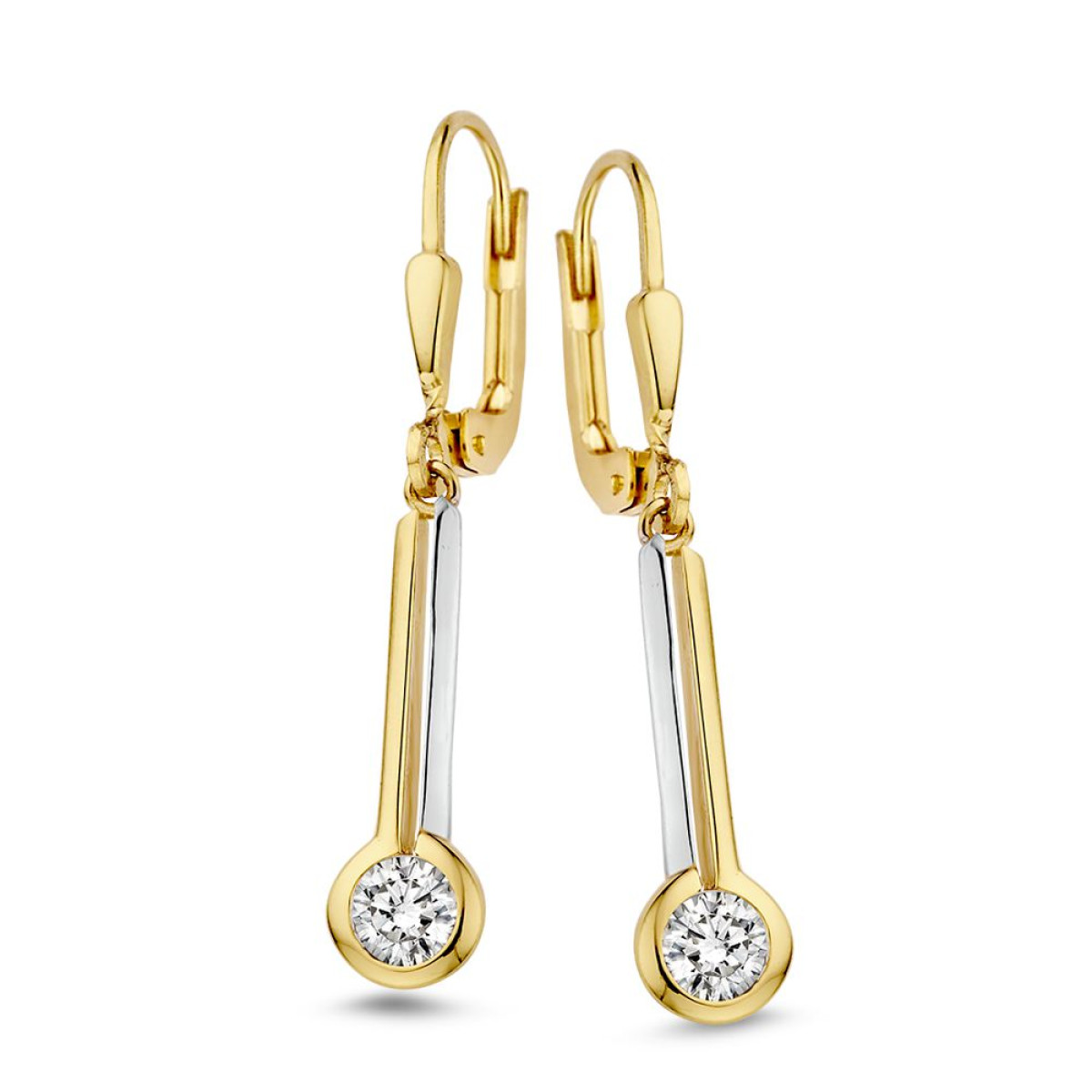 Bicolor oorhangers met haken en ronde zirkonia's - Hoogte 32 mm