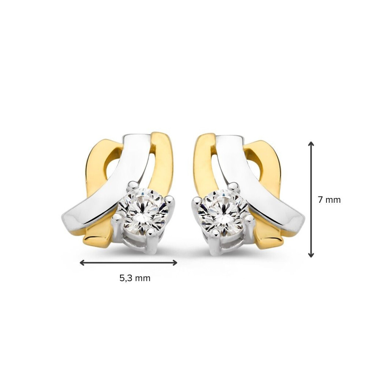Bicolor oorstekers met golvende gekruiste banen en zirkonia 5.3 mm breed - Hoogte 7 mm