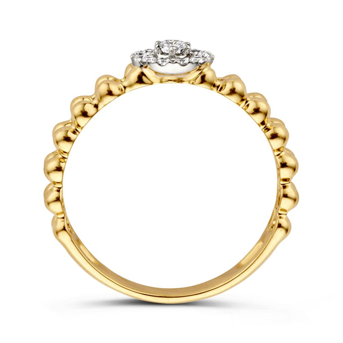 Bicolor ring met diamanten halo 0.19 crt en bolletjes schakels van 7 mm breed