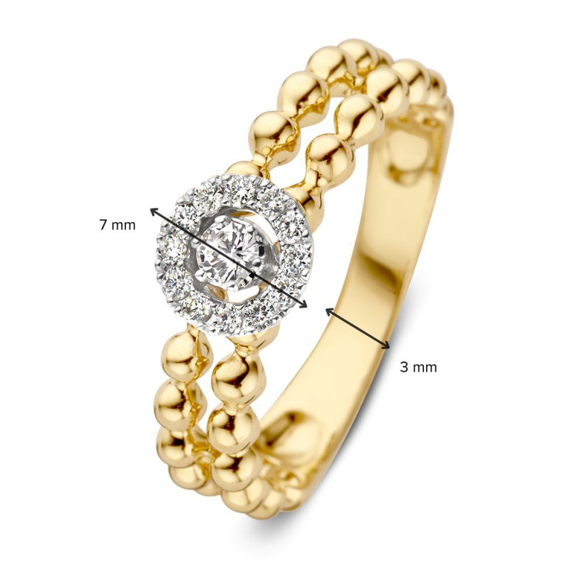 Bicolor ring met diamanten halo 0.19 crt en bolletjes schakels van 7 mm breed