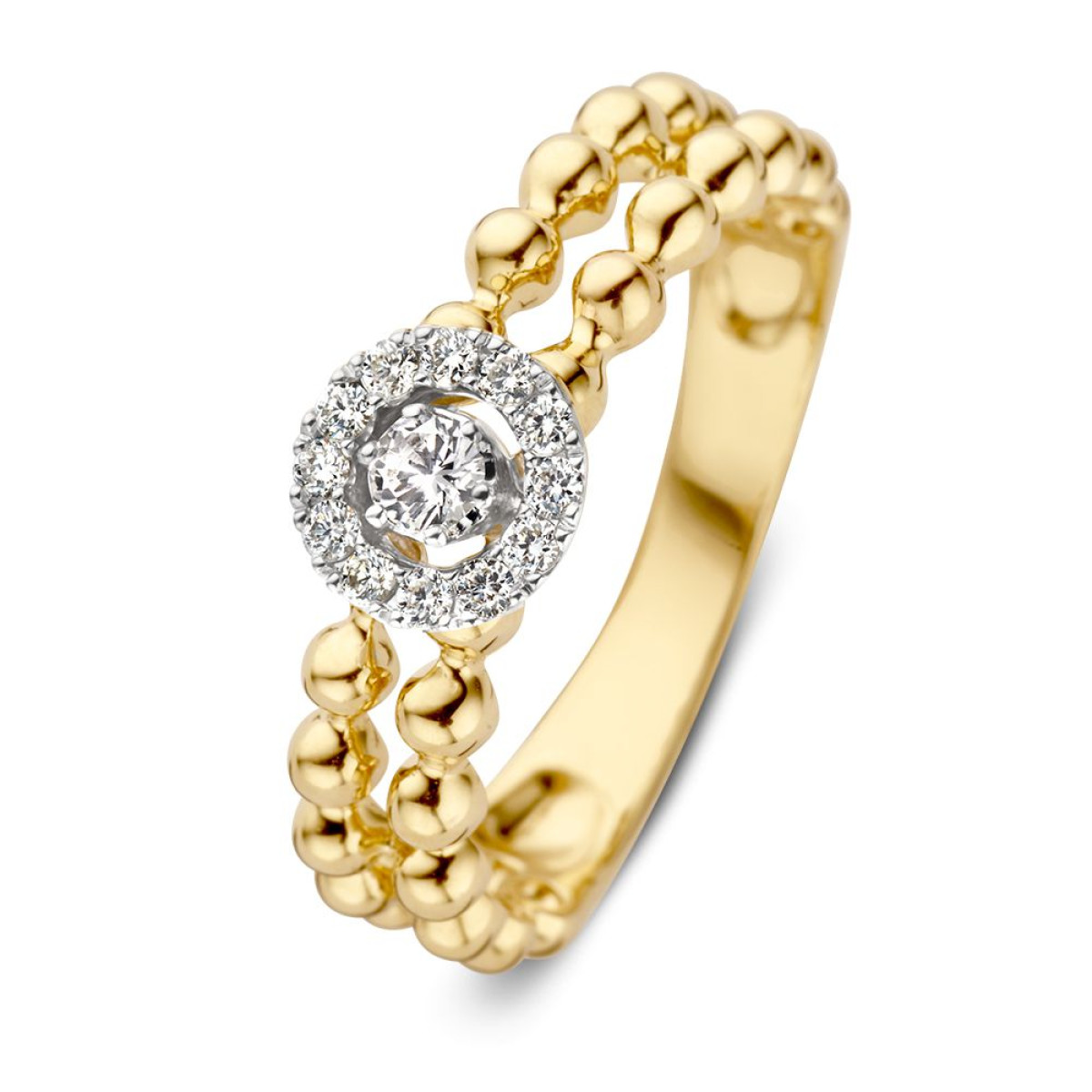 Bicolor ring met diamanten halo 0.19 crt en bolletjes schakels van 7 mm breed