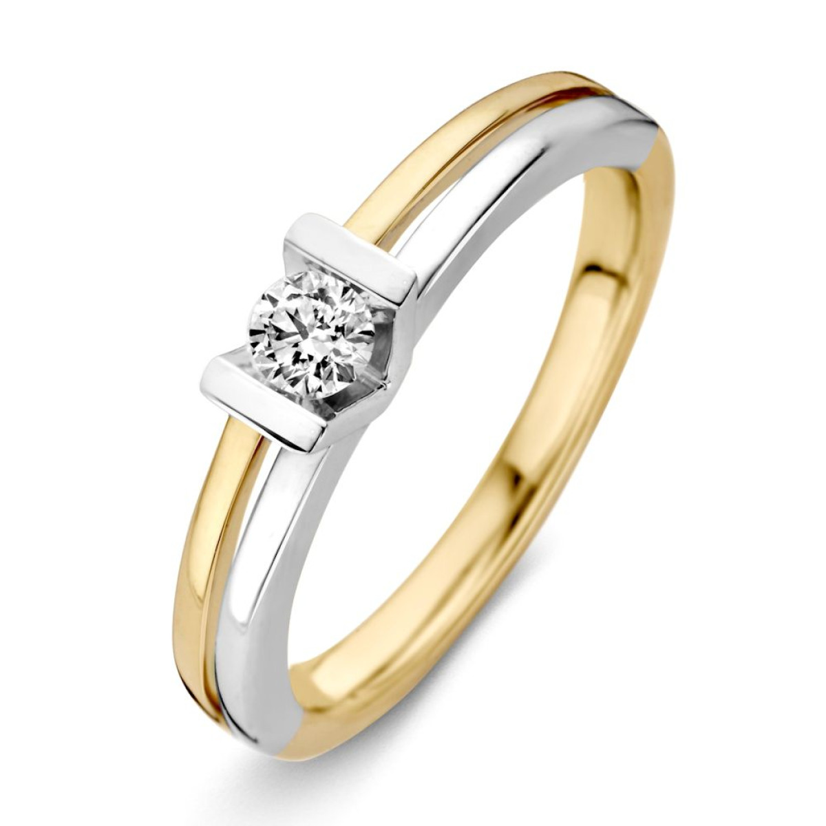 Bicolor ring met opvallende diamant in v-setting 0.18 crt.