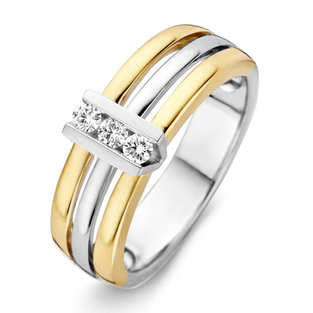 Bicolor ring met opvallende diamanten in v-setting 0.15 crt.