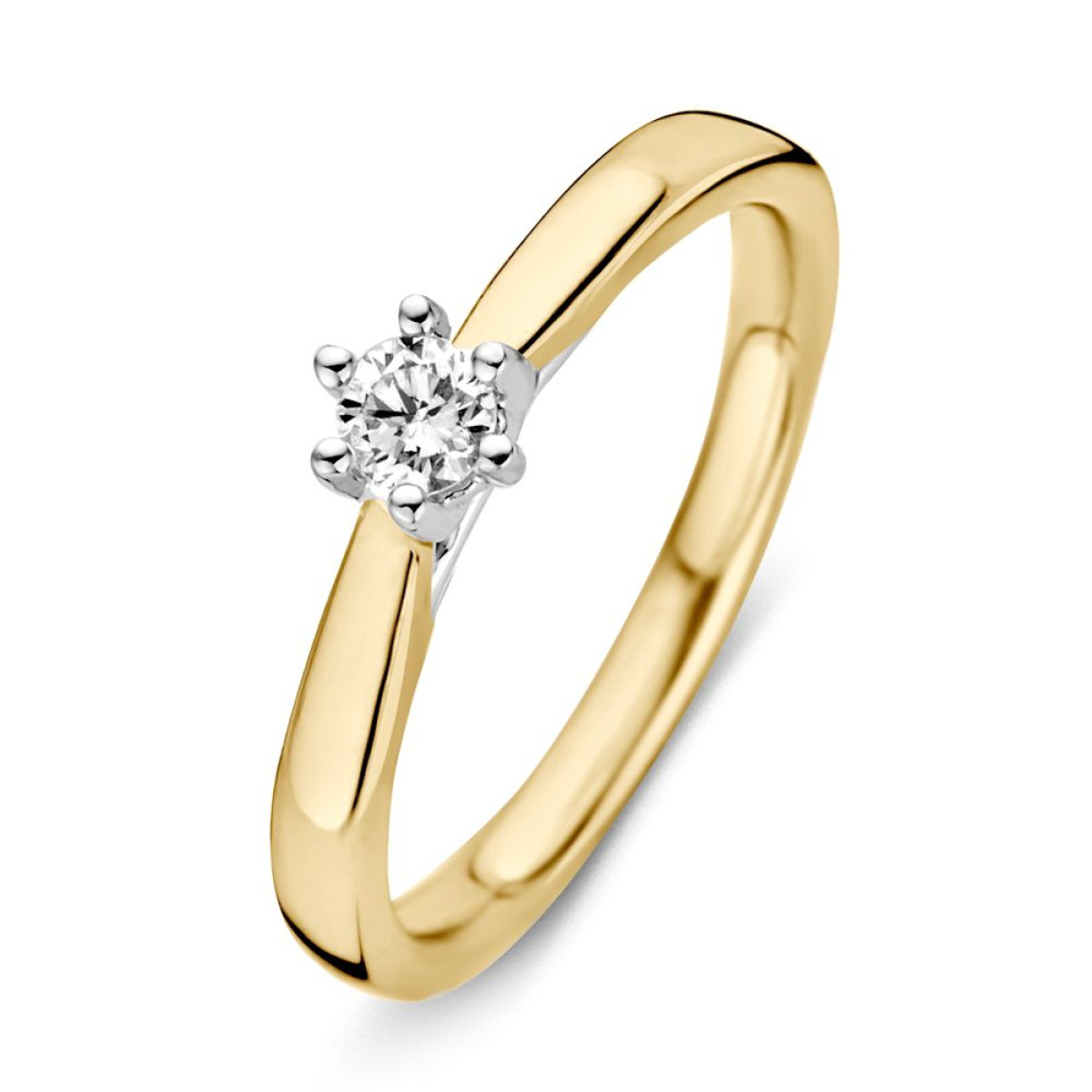 Bicolor solitairring met briljant in zespoot 0.19 crt.
