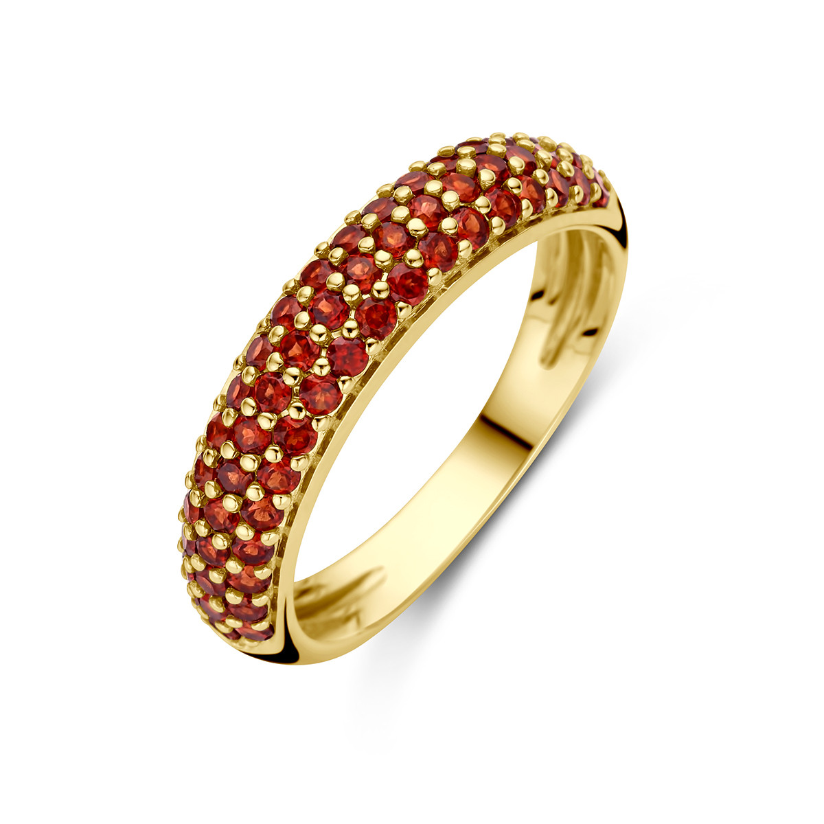 Brede 14-karaat gouden ring met rode granaat