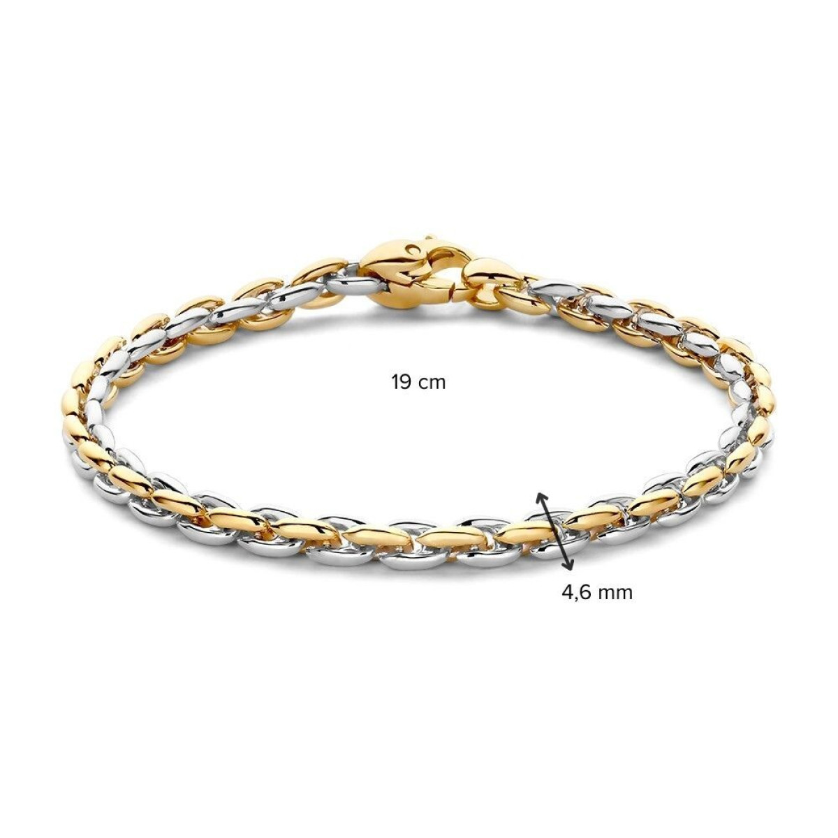 Brede armband met glanzende gouden en witgouden schakels van 4.6 mm - Lengte 19 cm