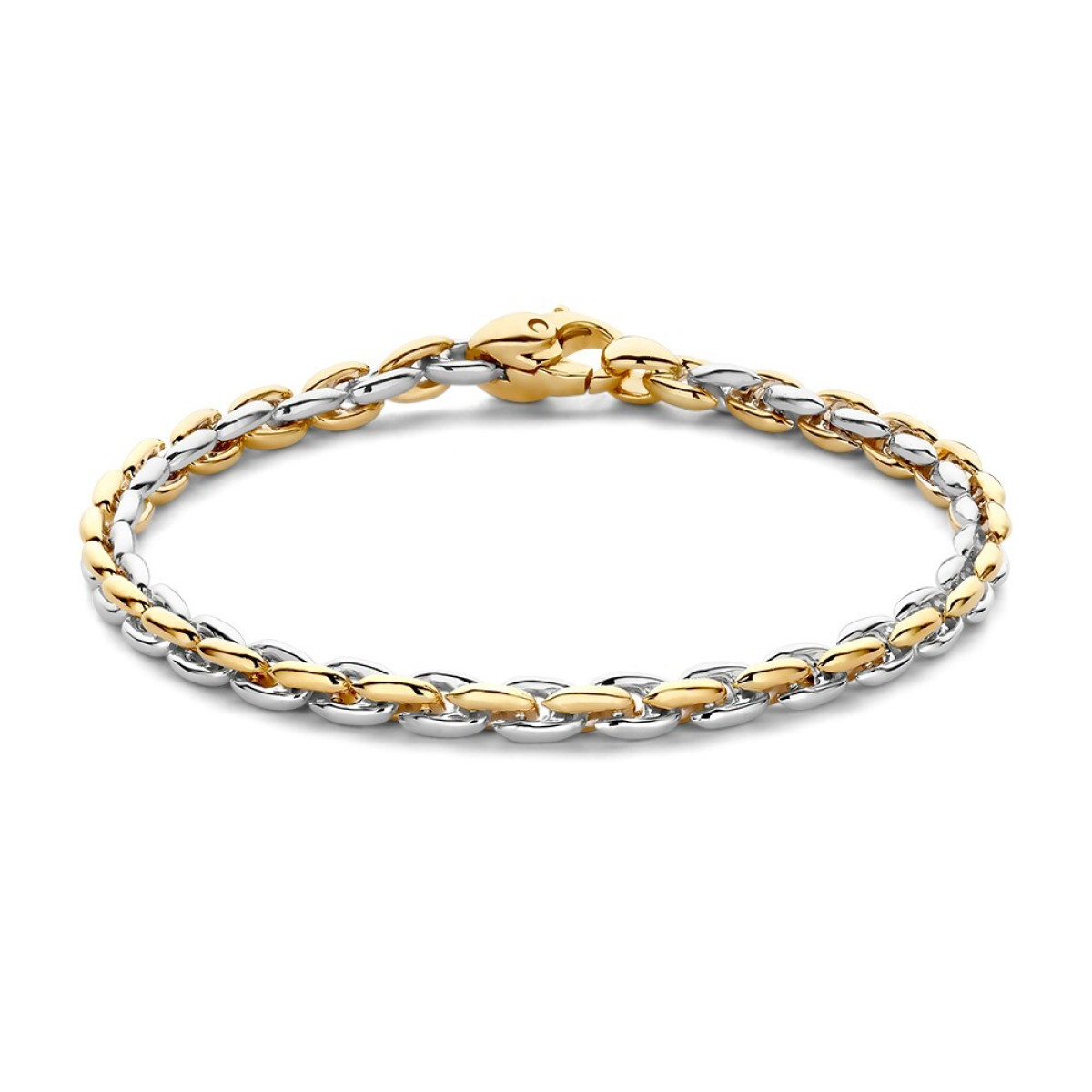 Brede armband met glanzende gouden en witgouden schakels van 4.6 mm - Lengte 19 cm
