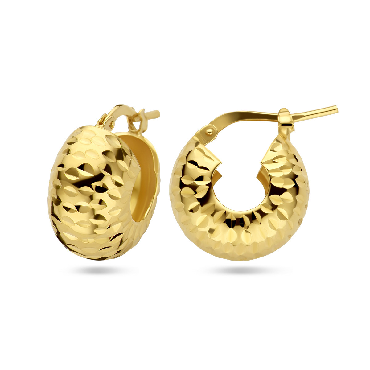 Brede gold plated oorringen met gediamanteerd oppervlak 9 mm - Diameter 16 mm