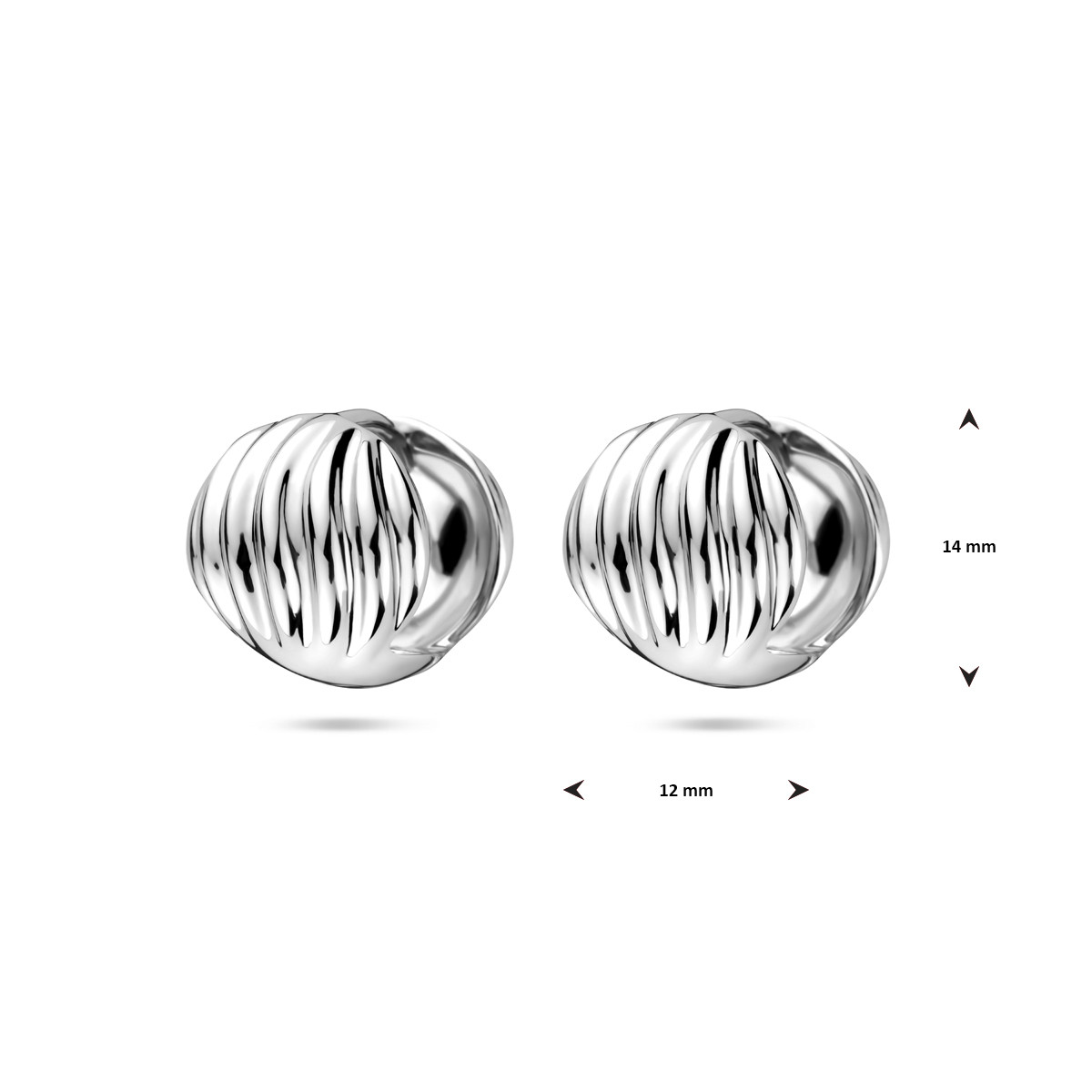Brede zilveren oorringen met glanzende ronde en golvende vorm 12 mm breed - Hoogte 14 mm