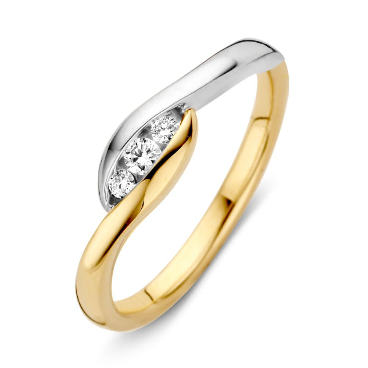 Chique bicolor damesring met drie diamanten 0.10 crt.