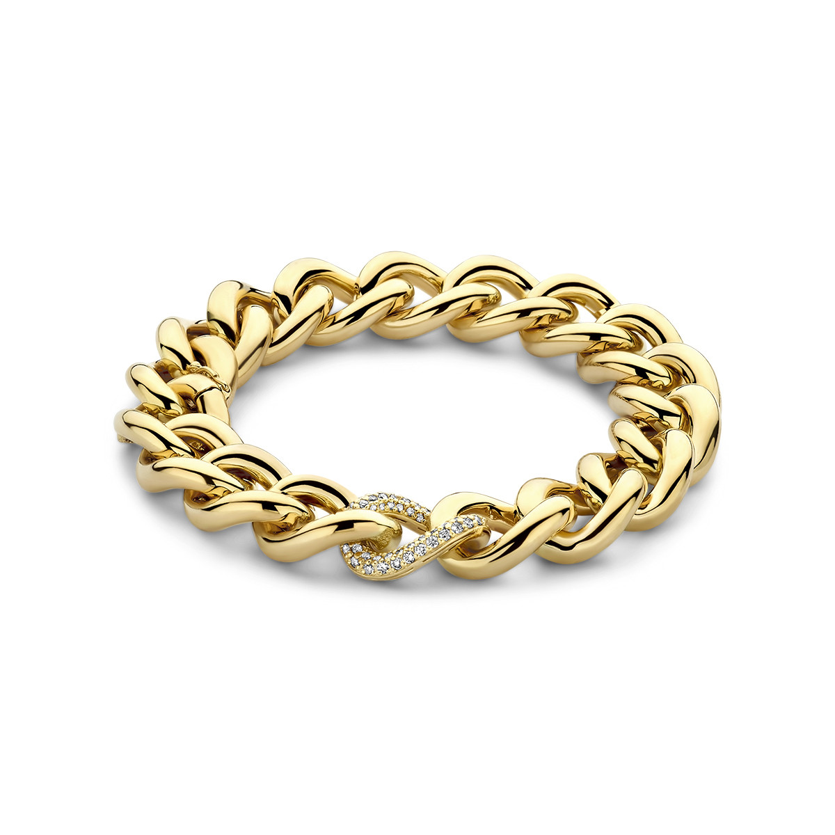 Chunky 14-karaat gouden gourmet armband van 13.5 mm breed met echte diamanten van 0.067 crt - Lengte 20 cm