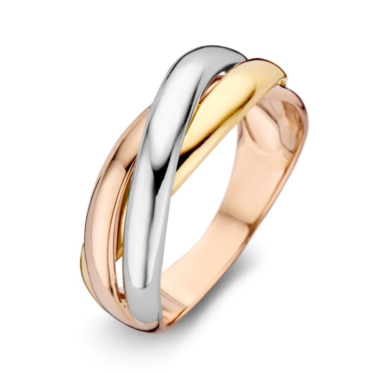 Cross-over ring met geel- wit- en roségoud