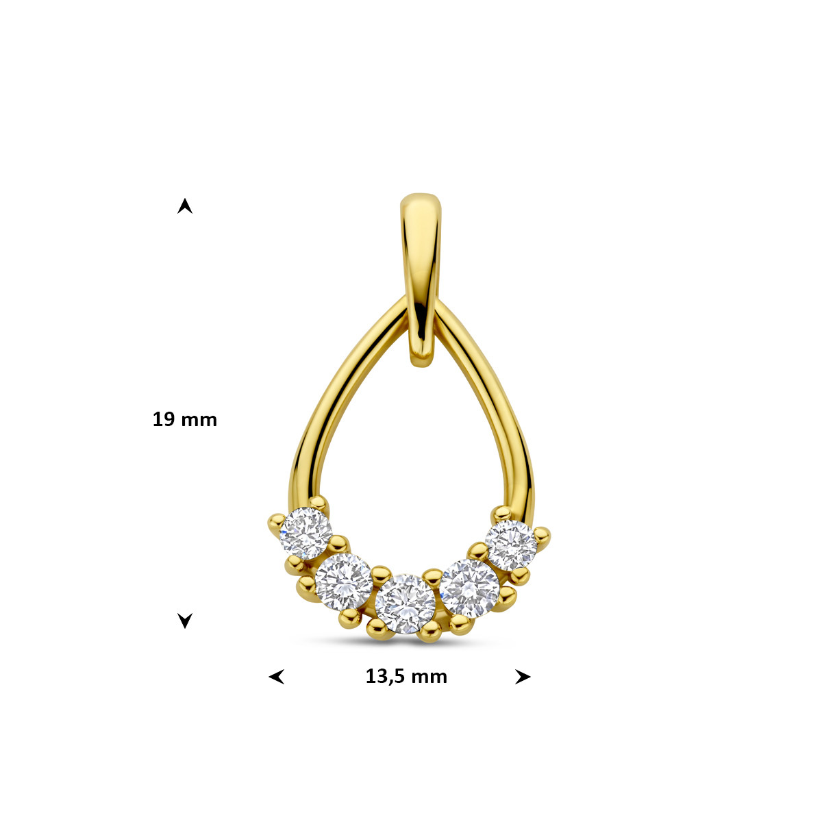 Druppel 14-karaat gouden hanger met 5 lab grown diamanten 0.32 crt 13.5 mm breed - Hoogte 19 mm