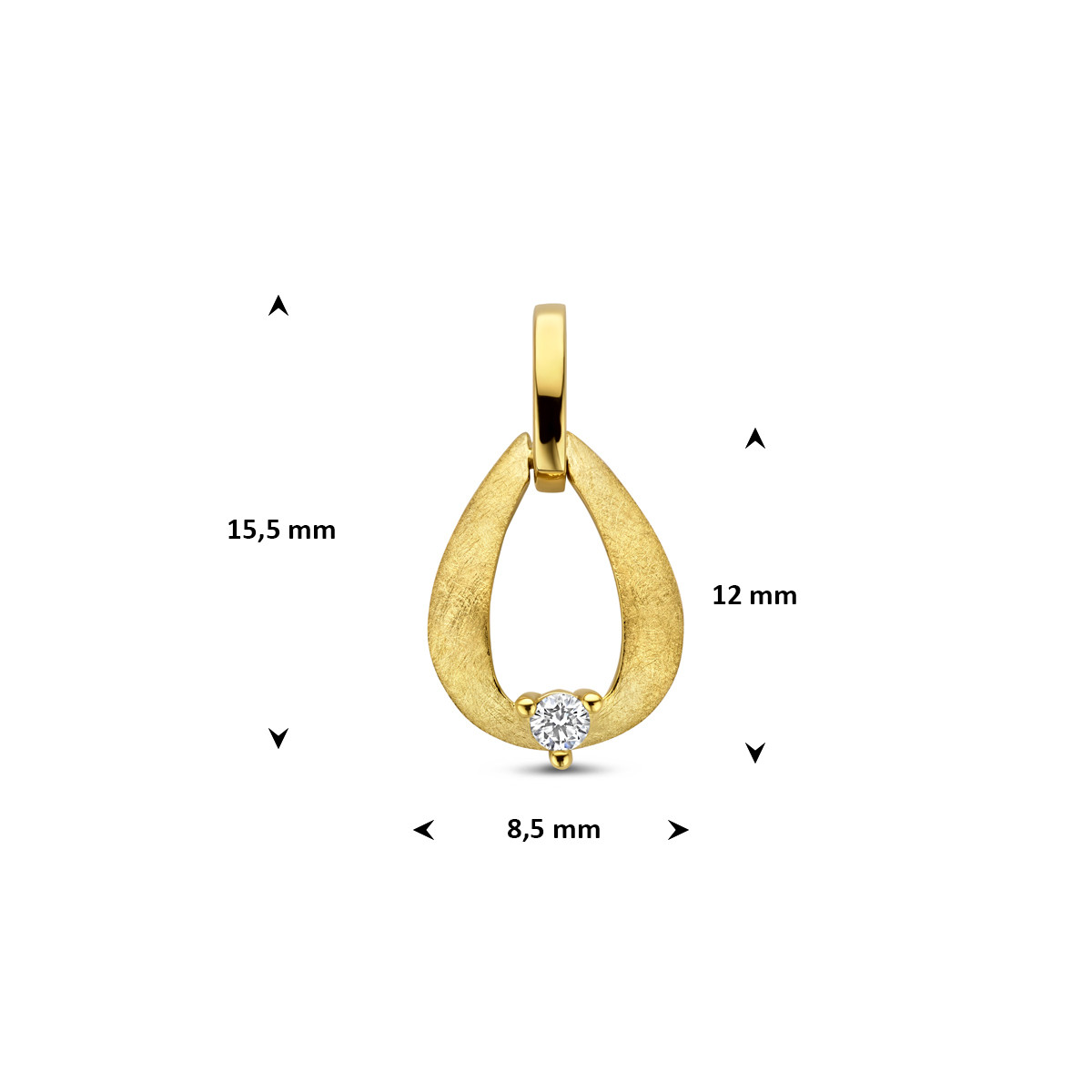 Druppel 14-karaat gouden hanger scratched met diamant 0.03 crt 8.5 mm breed - Hoogte 15.5 mm