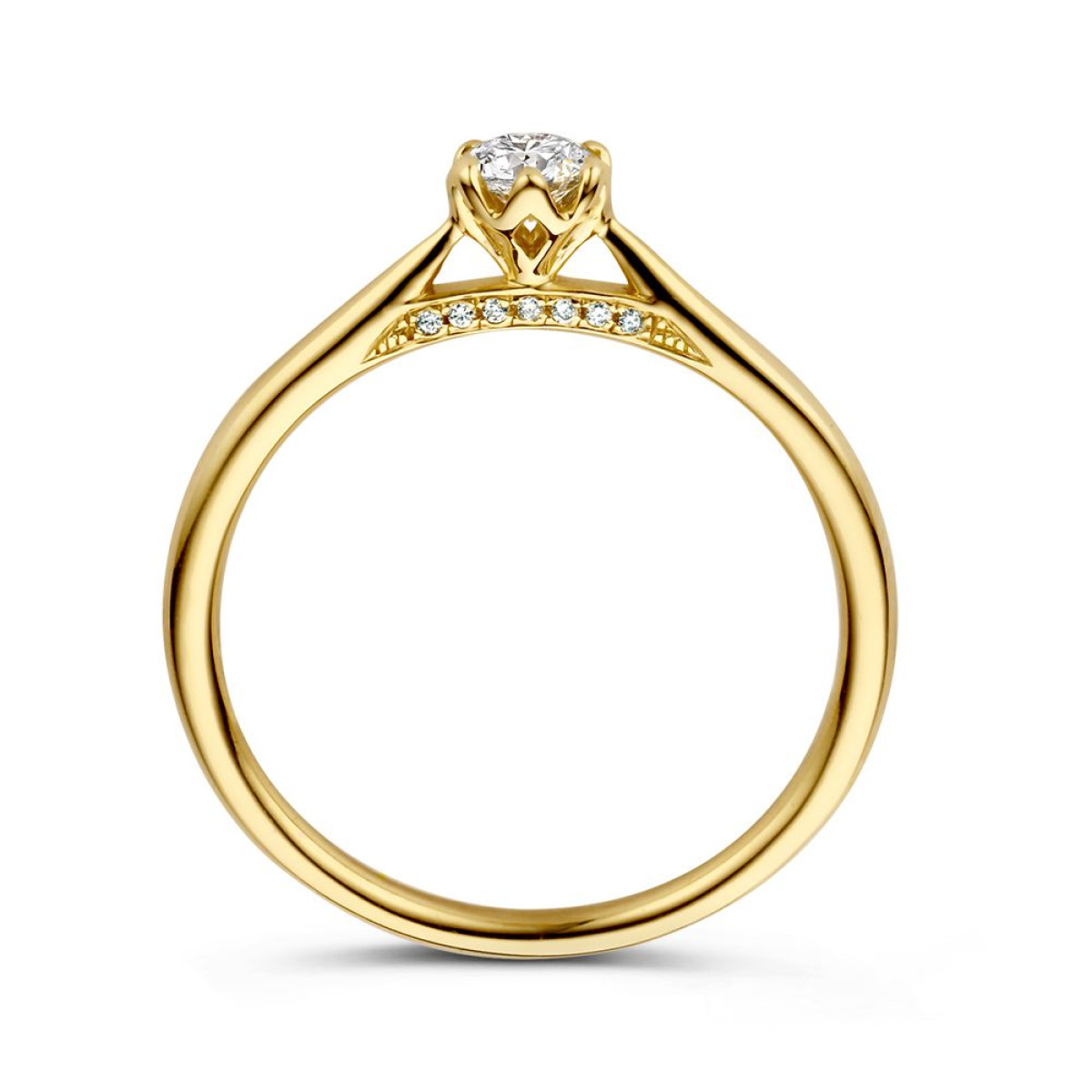 Elegante gouden solitaire ring met diamant 0.22 crt en 7 kleine diamanten onder