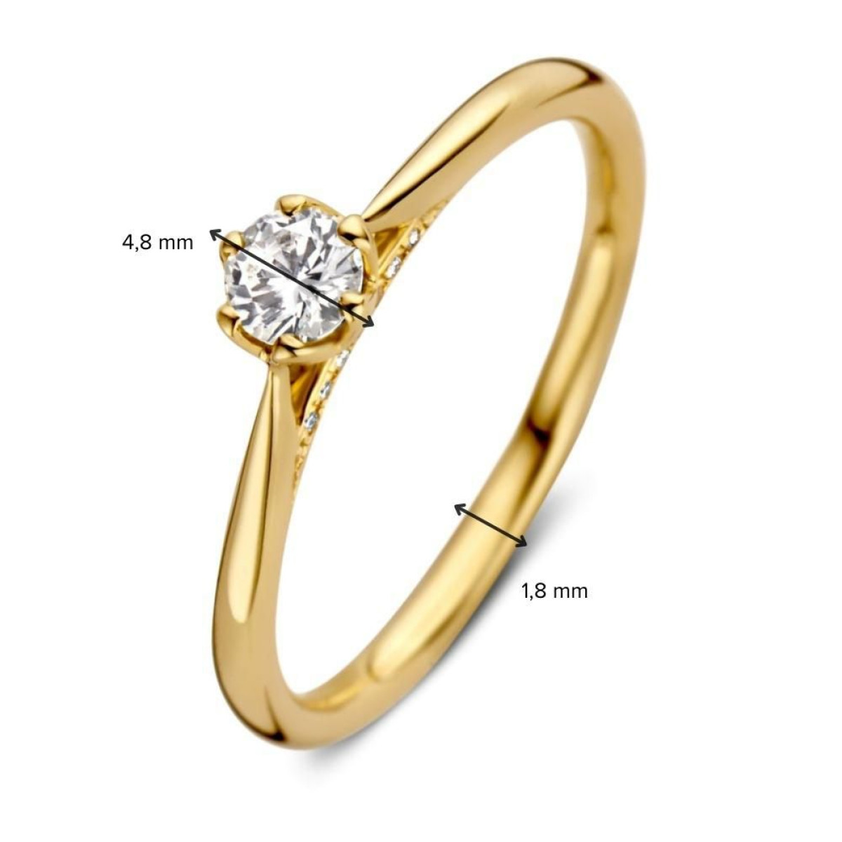 Elegante gouden solitaire ring met diamant 0.22 crt en 7 kleine diamanten onder