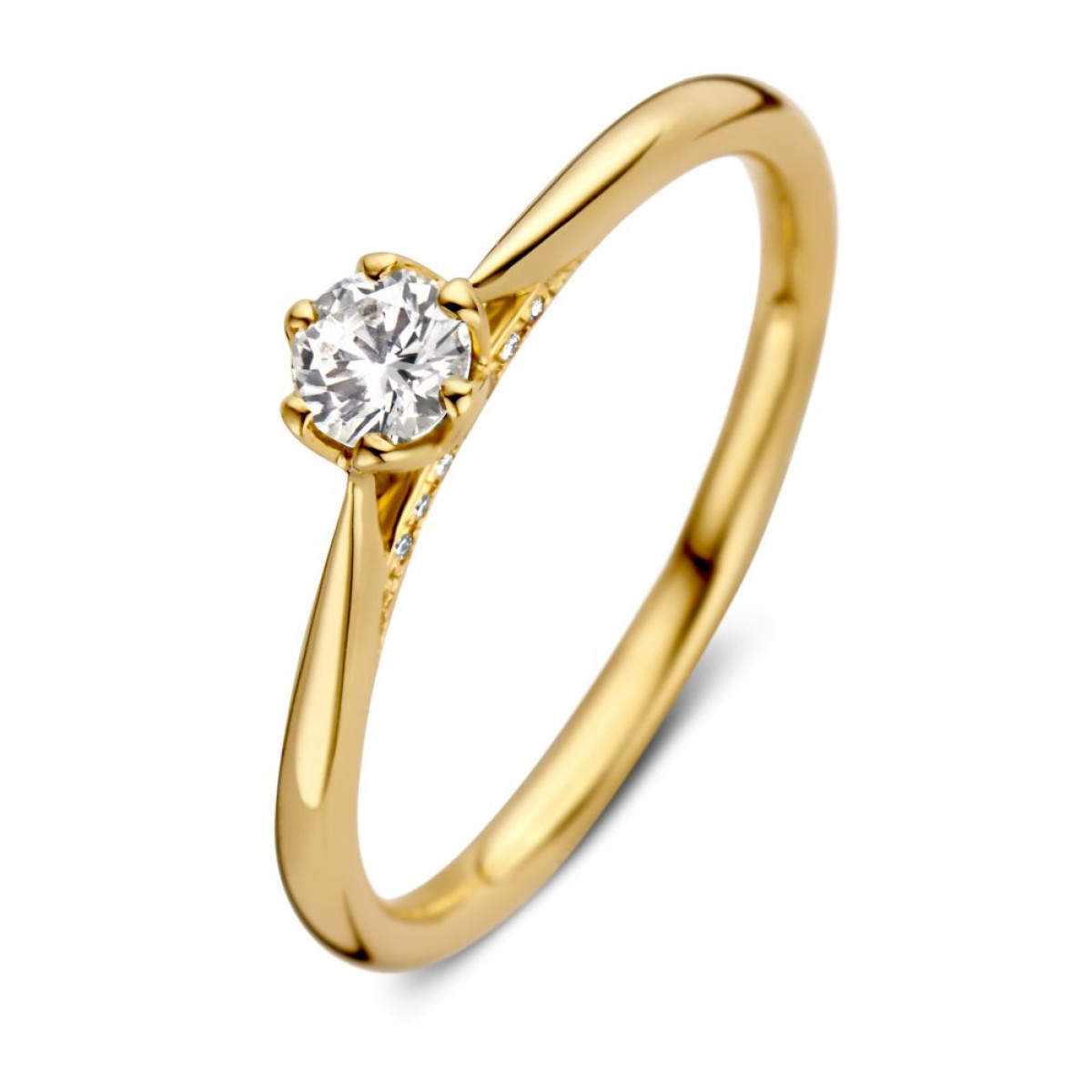 Elegante gouden solitaire ring met diamant 0.22 crt en 7 kleine diamanten onder