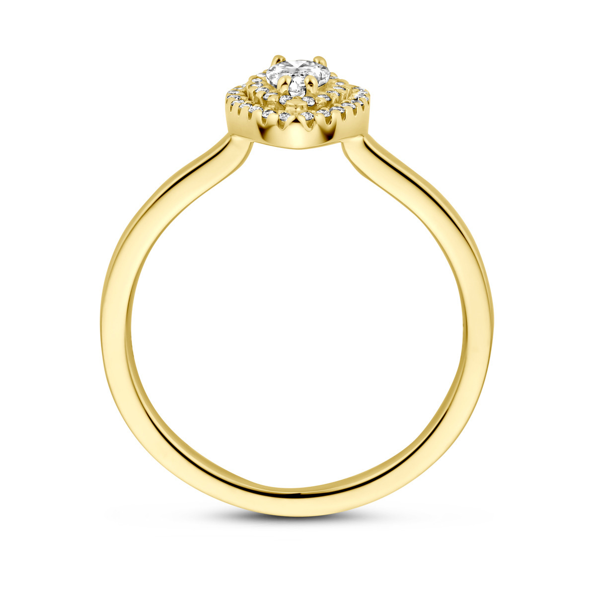 14-karaat gouden halo ring met diamant 0.36 crt druppelvorm 9.5 mm breed