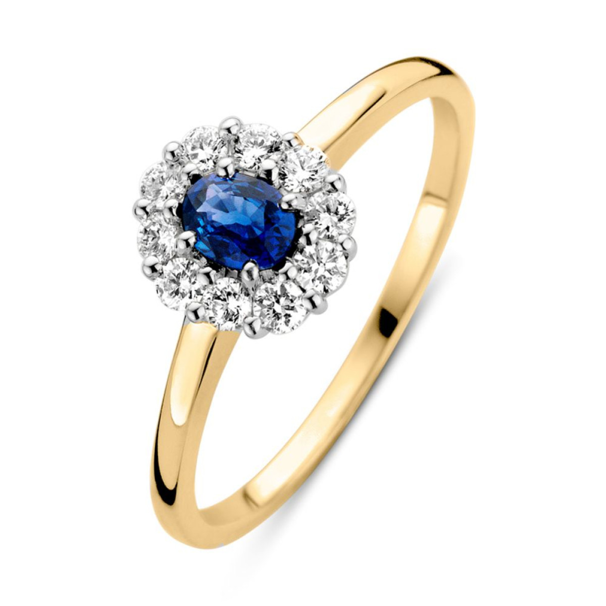 Entouragering saffieren hoofdsteen en diamant 0.25 crt.