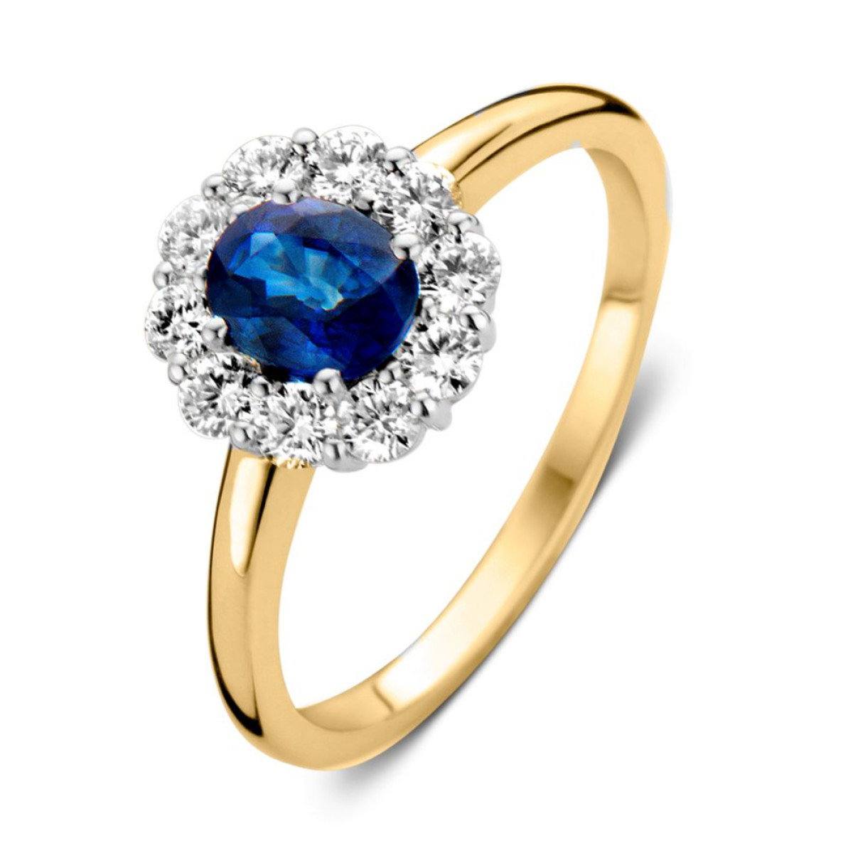 Entouragering saffieren hoofdsteen en diamant 0.45 crt.