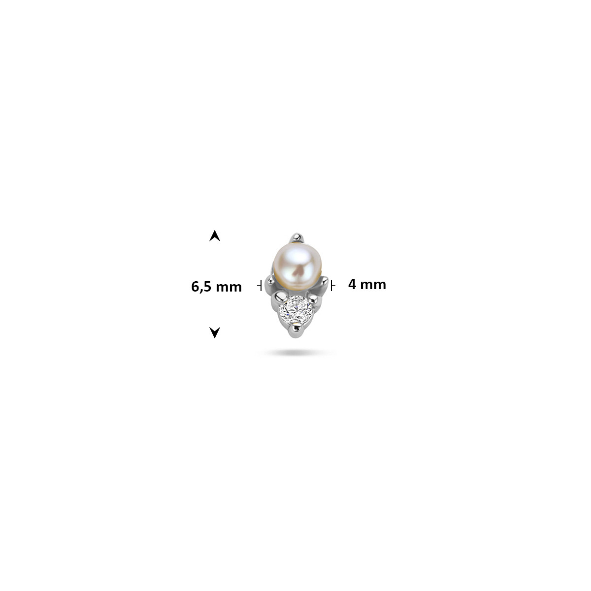 Flatback oorpiercing zilver 925 met parel en zirkonia 4 mm breed - Hoogte 6.5 mm - Per stuk