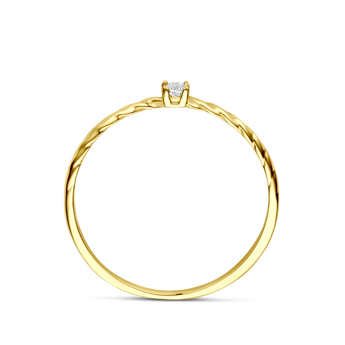 Gedraaide 14-karaat gouden solitair ring met transparante zirkonia 2 mm breed