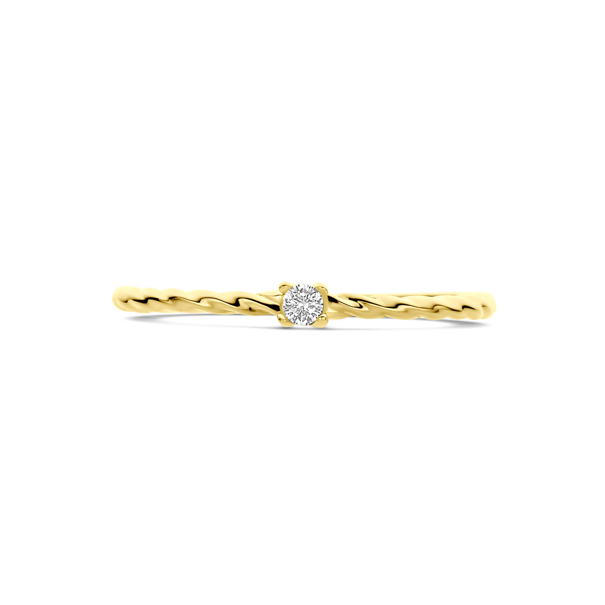 Gedraaide 14-karaat gouden solitair ring met transparante zirkonia 2 mm breed