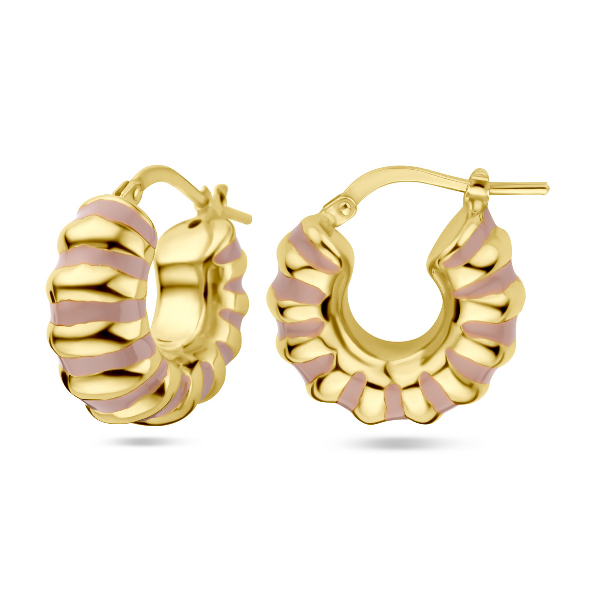 Gedraaide gold plated oorringen met roze emaille 8 mm breed - Diameter 19 mm
