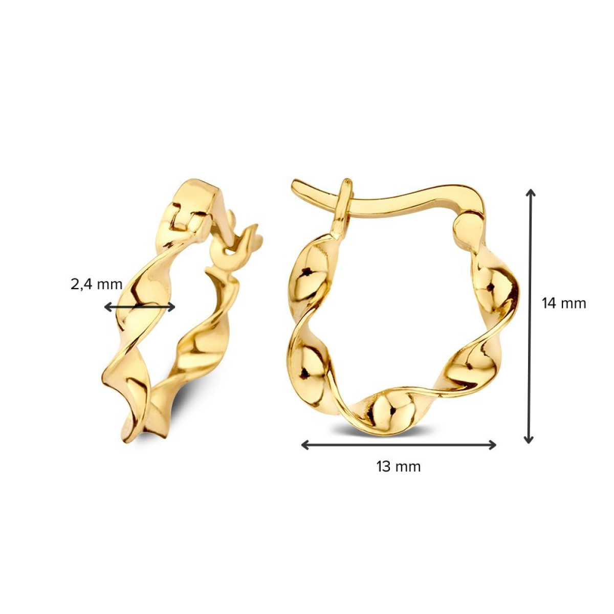Gedraaide gouden oorringen 2.4 mm breed - Diameter 13 mm