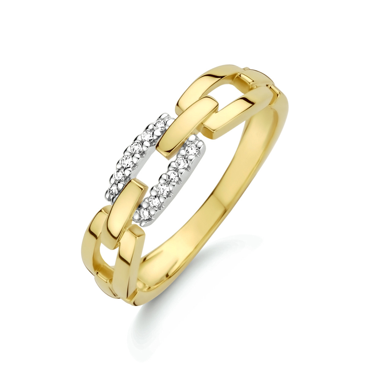 Geelgouden ring met schakels en diamanten