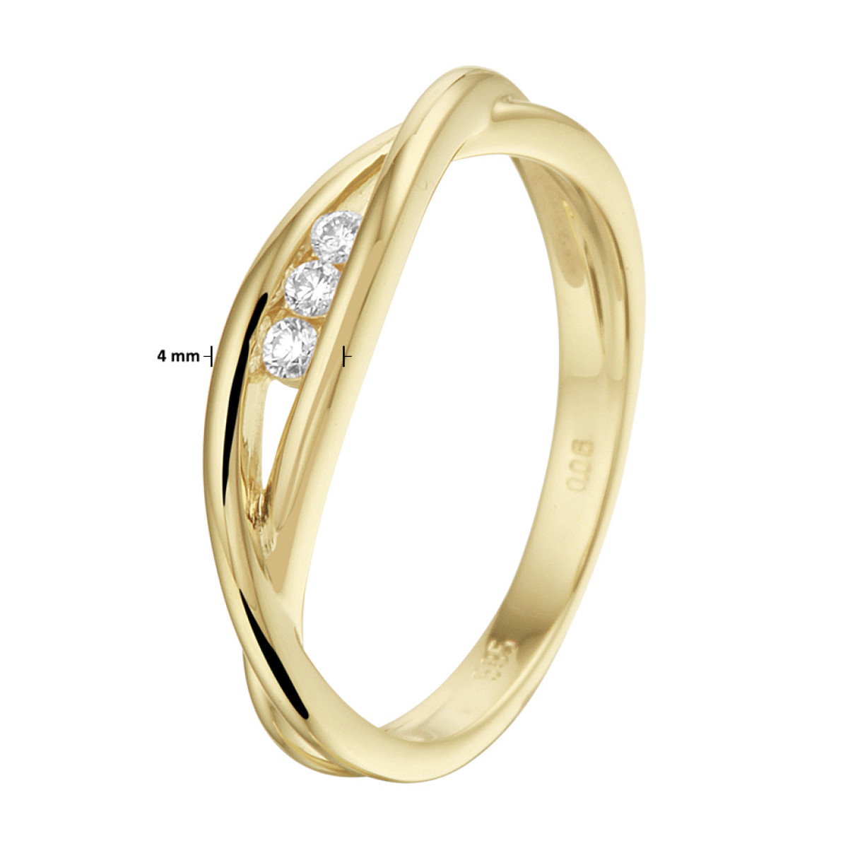 Geelgouden ring twisted met drie diamanten