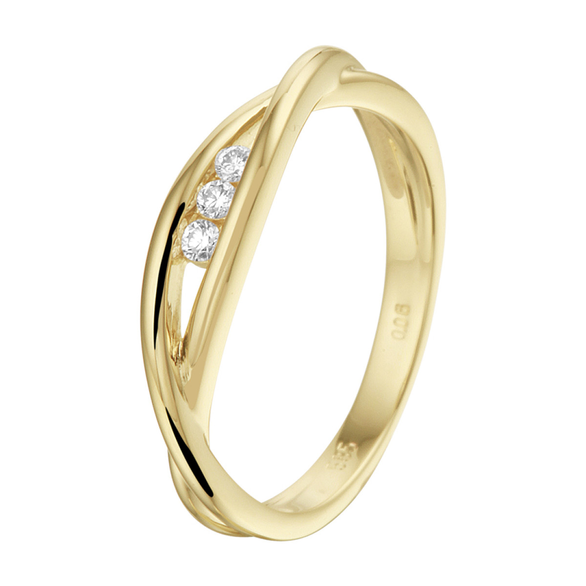Geelgouden ring twisted met drie diamanten
