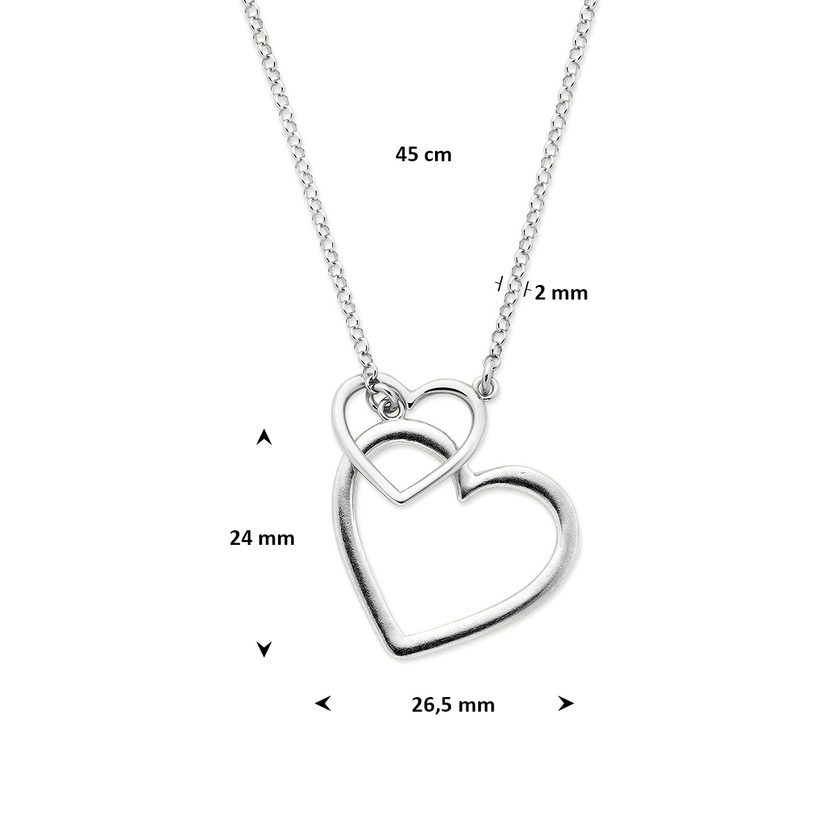 Gerhodineerd 925 zilveren ketting met hanger dubbele harten 27 mm breed - Lengte 45 cm