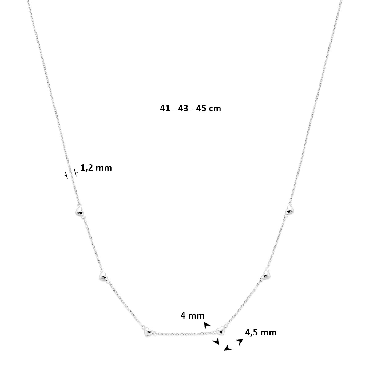 Gerhodineerd 925 zilveren ketting met hanger hartjes 1.2 mm breed - Lengte 41-43-45 cm