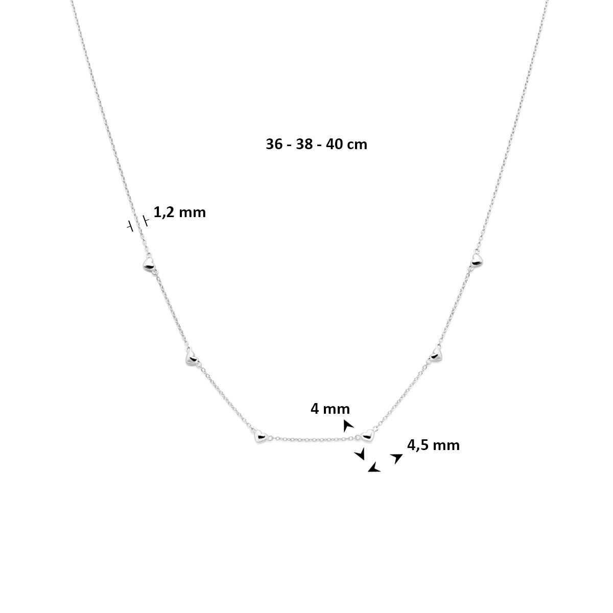 Gerhodineerd 925 zilveren ketting met hartjes hangers 1.2 mm breed - Lengte 36-38-40 cm