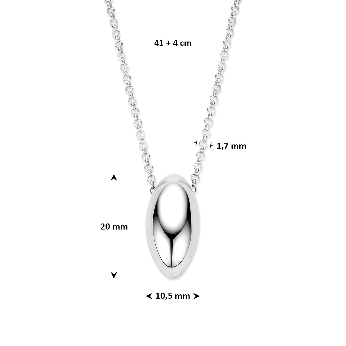 Gerhodineerd 925 zilveren ketting met ovale hanger 20 mm x 10.5 mm - Lengte 41-45 cm