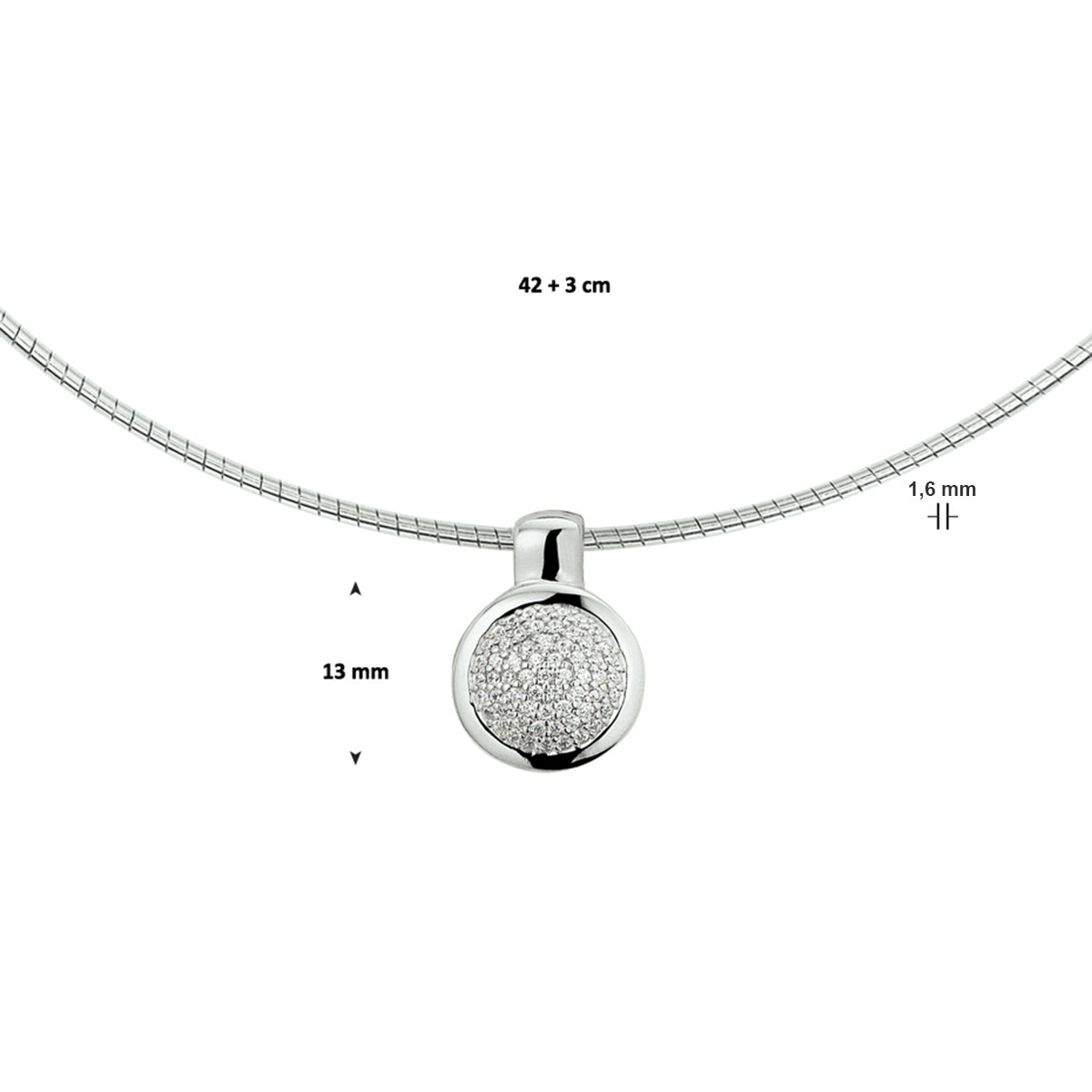 Gerhodineerd 925 zilveren ketting met ronde hanger en zirkonia 1.6 mm breed - Lengte 42-45 cm