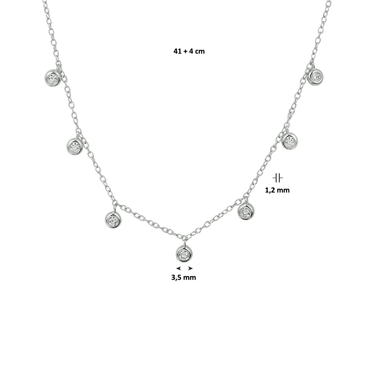 Gerhodineerd 925 zilveren ketting met zeven zirkonia rondjes 1.2 mm breed - Lengte 41-45 cm