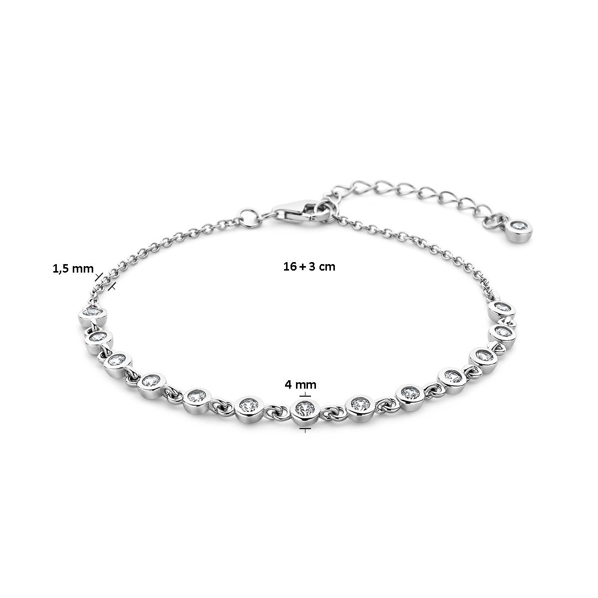 Gerhodineerd zilveren ankerarmband met ronde zirkonia's - Lengte 16 + 3 cm