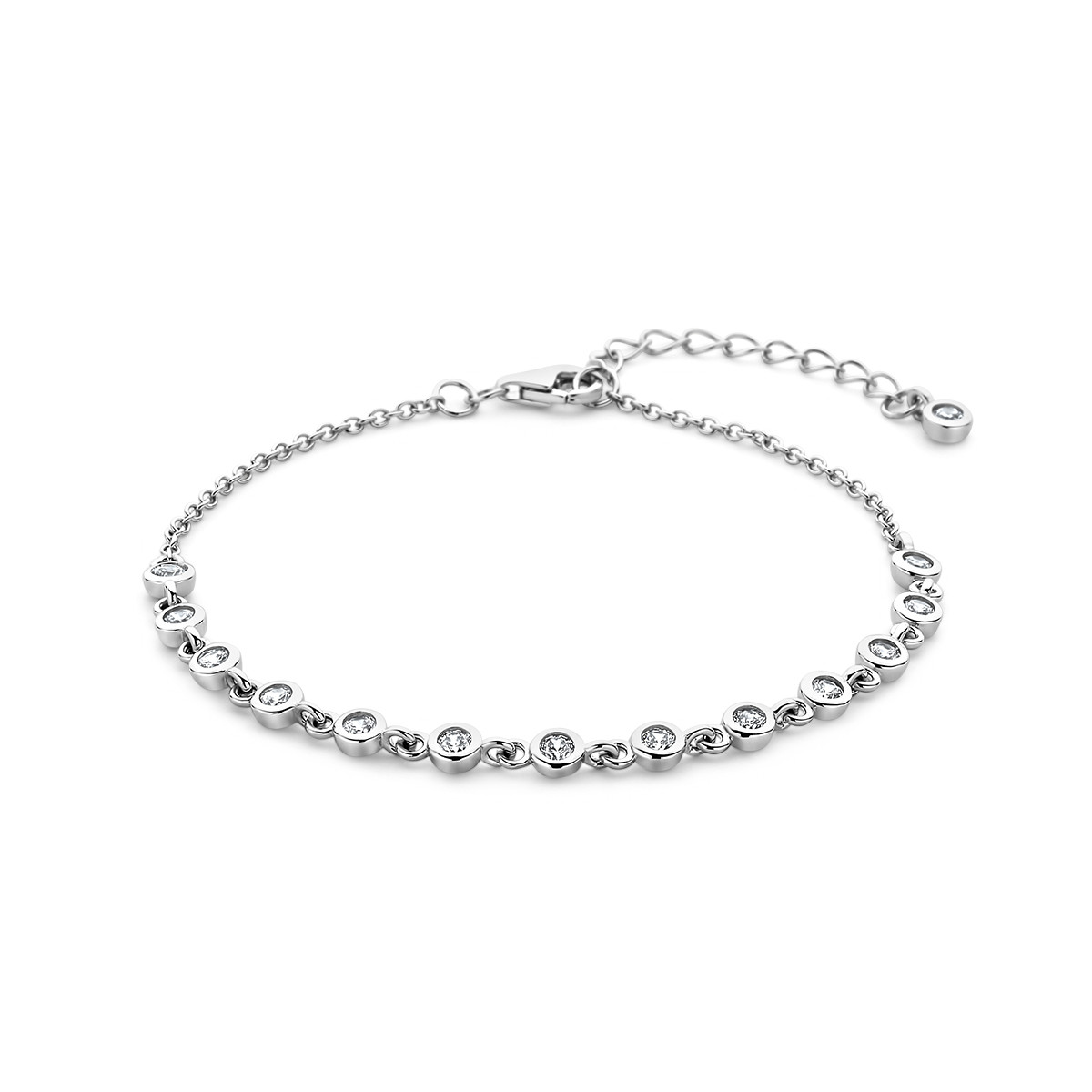 Gerhodineerd zilveren ankerarmband met ronde zirkonia's - Lengte 16 + 3 cm