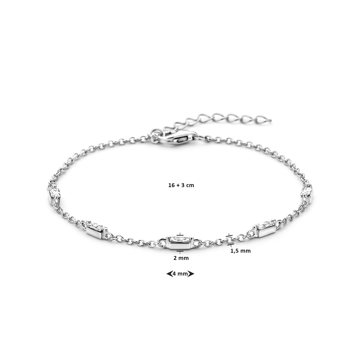 Gerhodineerd zilveren armband met zirkonia baguette 4 mm breed - Lengte 16-19 cm